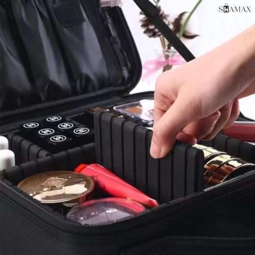 Image of SHAMAX Professional Makeup Case Organizer Bag for Women, Travel Cosmetic Kit Vanity Box with Adjustable Dividers, Portable Beauty Makeup Organiser & Cosmetic Travel Pouch | (Holographic Pink)