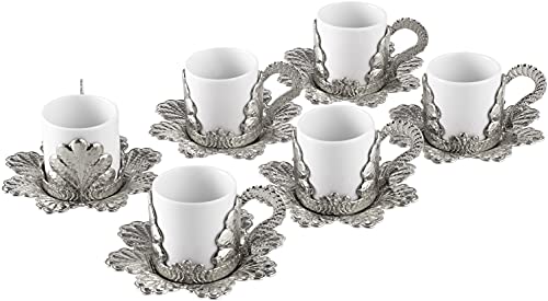 Candymosa Turkish Coffee Cup and Saucers with Metal Holders - 2 Oz, 18 Pieces Turkish Espresso Set of 6 - Arabic Coffee Cup Set (Silver)