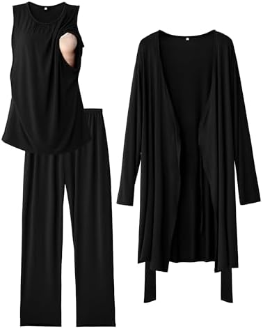SUNNYBUY Stillpyjama Set Damen 3-teilig Umstands- und Still-Schlafanzug mit Top, Hose und Morgenmantel ideal für Schwangerschaft, Wochenbett und Klinik