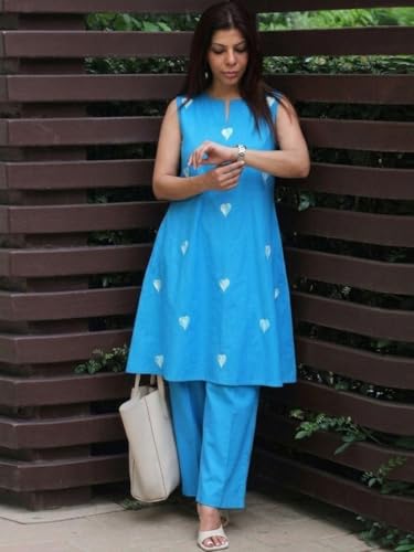 Image of ANNI Designer Kurta Set for Women Cotton Blend Embroidered | Kurti Set for Woman | Farshi Salwar Suit Kurta Palazzo Outfit | Round Neck V Slit Sleeveless Regular Fit Ethnic Dress Stylish Clothing