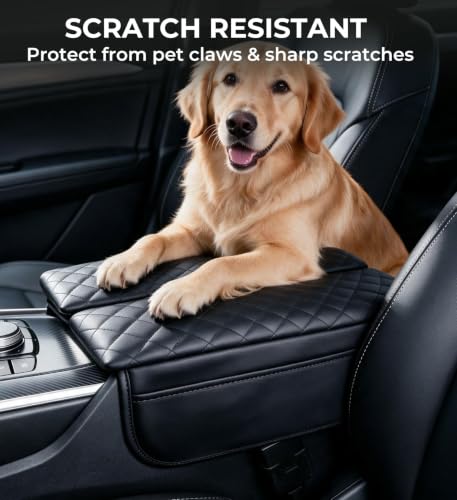 Image of Center Console Cover for Mazda CX-90 2026 2025 2024, 1.2-Inch Thick PU Leather Middle Armrest Cushion Protector Pad with 2 Side Pockets for 2024-2026 CX90, Black