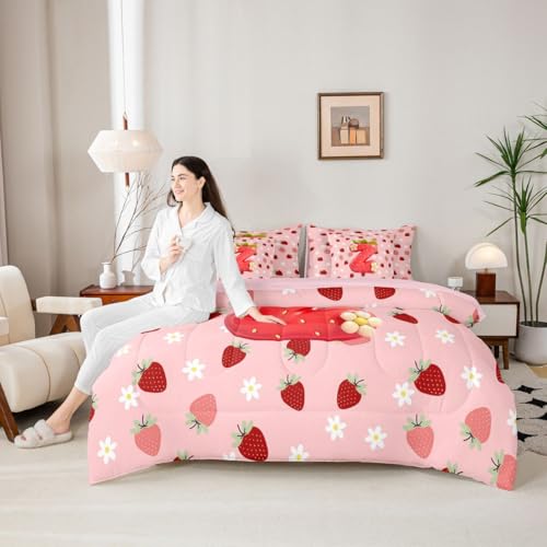 Image of Feelyou Girls Cute Strawberry Full Comforter Set with Sheets for Kids Boys Girls Pink Strawberry 7 Pieces Bedding Set Initial Letter Z Bed in a Bag Room Decor Soft Lightweight Microfiber