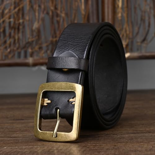 3.8cm Wide Vintage Genuine Top-Grain Leather Belt for Men Women Classic Solid Brass Square Buckle Versatile Casual Strap(110cm/43, Black)3