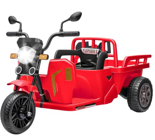 ZoomBuggy Triciclo Eléctrico 12 V para Niños con Plataforma de Remolque, Moto Eléctrica de 3 Ruedas con Mando a Distancia, Música, Bluetooth, Retrovisores y Faros, para Niños 3+ Años, Rojo