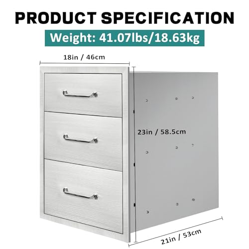 Image of Outdoor Kitchen Drawers 18 inch W x 23 inch H x 21 inch D Stainless Steel Drawer BBQ Triple Drawers with Chrome Handle for Outdoor Kitchen Island, Patio Grill Station