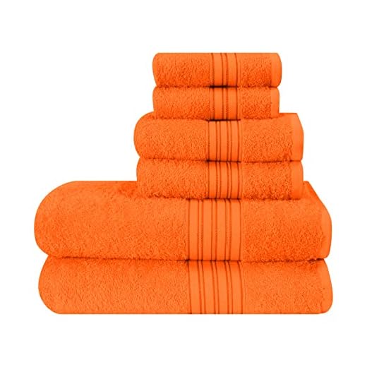BOUTIQUO 6 Pack Cotton Towel Set, Contains 2 Bath Towels 28x55 inch, 2 Hand Towels 16x24 inch & 2 Wash Coths 12x12 inch, Ideal Everyday use, Ultra Soft Compact & Lightweight - Orange