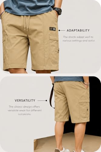 Image of Men's 100% Pure Cotton Cargo Shorts | Regular Fit Knee Length Utility Shorts with Multiple Pockets | Casual Outdoor Summer Wear Shorts for Men