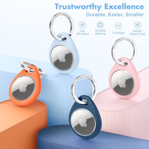 Image of UNBREAKcable Holder for Apple AirTag - 4 Pack [Fit Tightly Design] [Easy to Install] [Hold Air Tag Securely] Waterproof TPU Shell Protective Case with All Metal Keychain Key Ring Clip