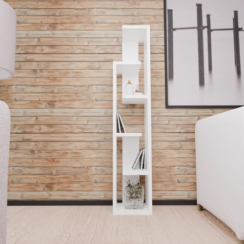 flux Engineered Wood Multipurpose Book Storage Display Organizer Rack with 4 Shelves, Solid Finish, Space-Saving Vertical Design for Bedroom and Office, White, 47x21x100 cm [DO IT Yourself (DIY)]