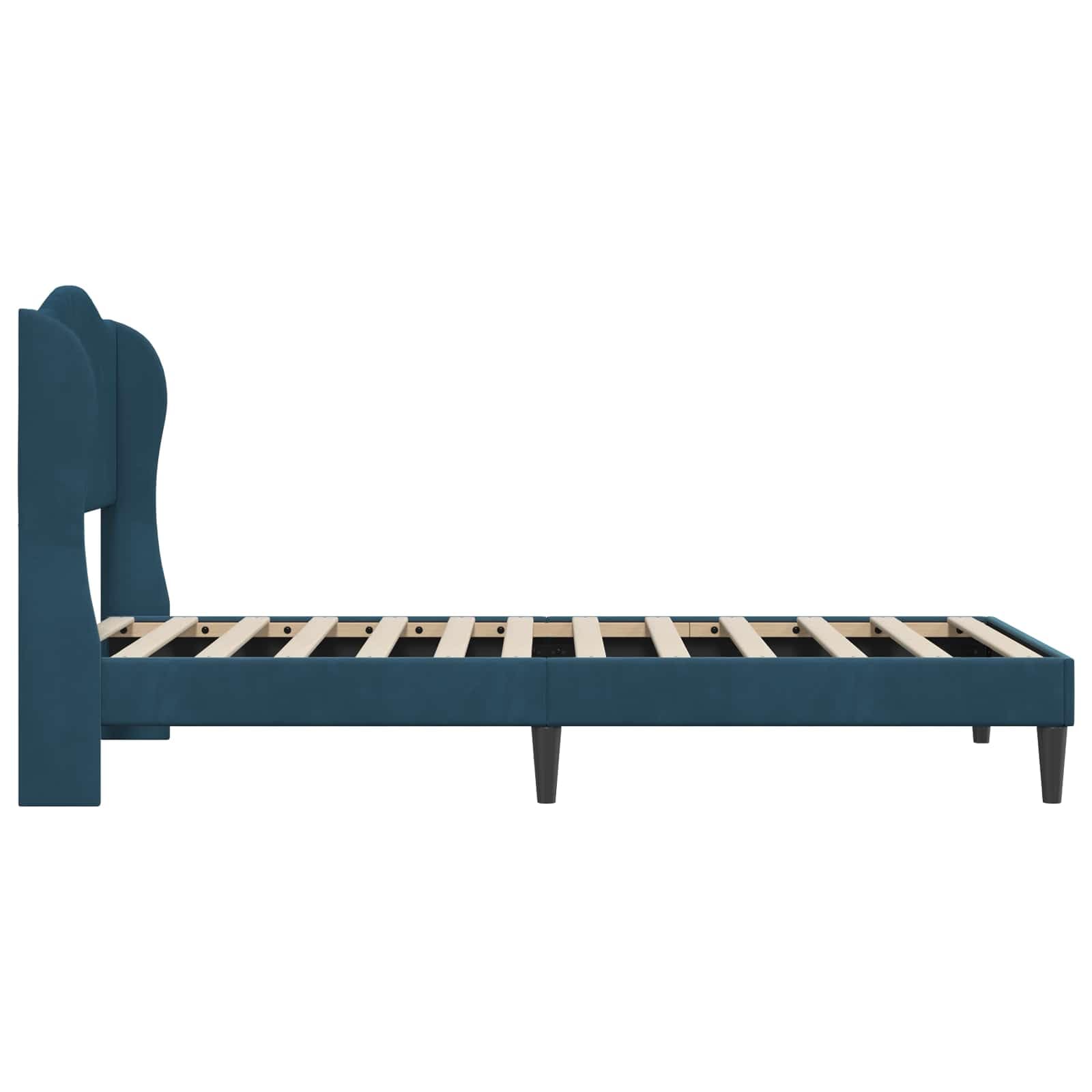 Rama de cama con cabecero azul 100 x 200 cm terciopelo moderno estructura somier fijo patas cónicas soporte 140 kg dormitorio elegante