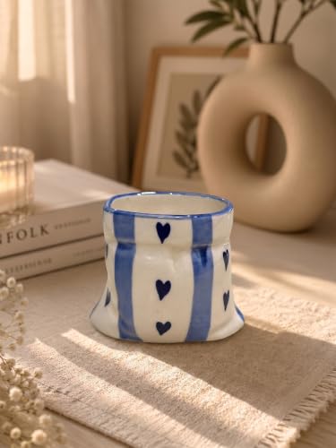 Image of Handmade Blue Heart Print Ceramic Pouch Mug - Aesthetic Blue Striped Pottery Coffee Cup for Tea, Coffee, Milk & Espresso | Cute Designer Handmade Mug for Women, Girls, Home & Cafe Use