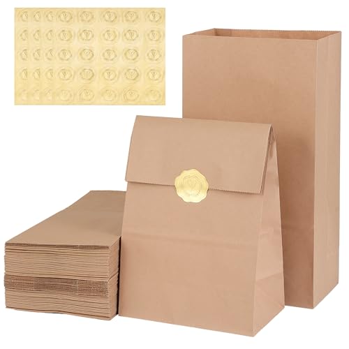 48 Kraftpapiertüten braun mit Aufklebern 3 Größen Set braune Papiertüten mit Blockboden Geschenktüten & Beutel für Alltag Feiern & Mitgebsel