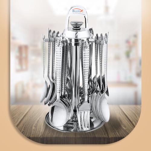 Image of Premium Stainless Steel Cutlery Set - Set of 24 (6 Dinner Spoons, 6 Dinner Forks, 6 Tea Spoons, 6 Soup Spoons, 1 Stand) | Silver Round Spoons Set Cutlery Set for Dining Table
