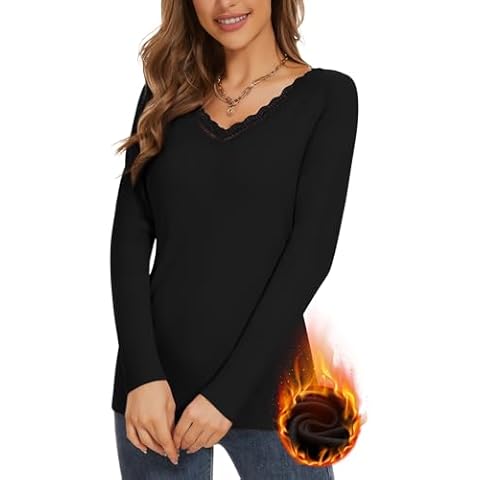 WOWENY Women Thermal Long Sleeve Shirt Fleece Lined Basic Fitted Tops Lace V Neck Undershirts Winter Tight Base Layer(Black,L) Cover