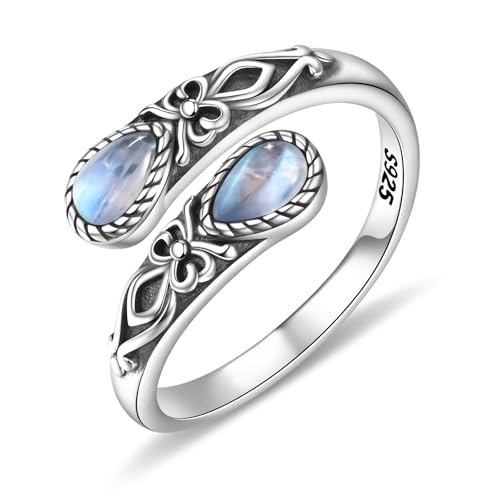 Teioa Natural Moonstone Jewelry for Women- 925 Sterling Silver Adjustable Vintage Thumb Rings Victorian Style Labradorite Jewelry Gift for Women Mom Wife Sister