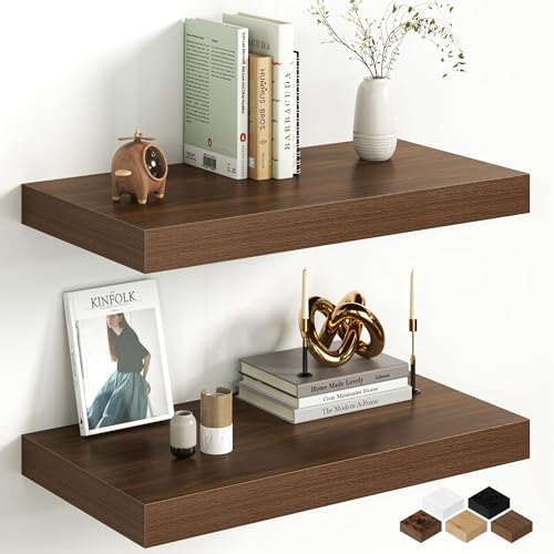 Image of Fun Memories 12 Inch Deep Walnut Floating Shelf, 24 x 12 Rustic Wood Wall Shelf for Books, 2 inch Thick Deep Floating Shelf for Storage & Display in Kitchen, Living Room, Bedroom, 2 Packs
