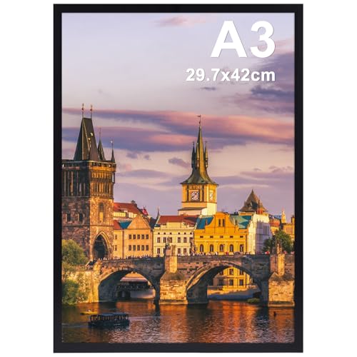 Ditwis Marco A3 Negro, Marco de Fotos Clásico Apto para Pósters, Fotos y Puzzles, Marco Grande para Salón, Oficina, Galería Expositor de Pared