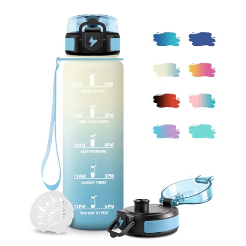 Botella de Agua 1L, Cantimplora Gimnasio con Filtro, Fácil de Abrir, Reutilizable, Botella Agua Motivadora y Prueba de Fugas, Cantimplora para Adulto, Escuela, Bicicleta, Senderismo, Oficina, Gym