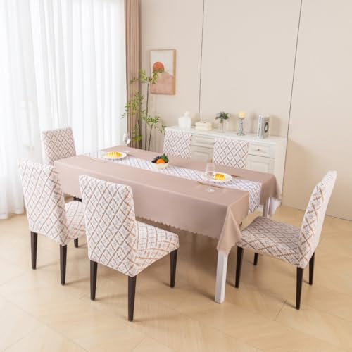 Image of HOMETHREADS Stretchable Elastic Jacquard Chair Seat Cover and Waterproof Dining Table Cover | Removable,Washable & Durable Chair Protector |for Dining Room (F Beige, 4Chairs+1Table Cover (150X180))