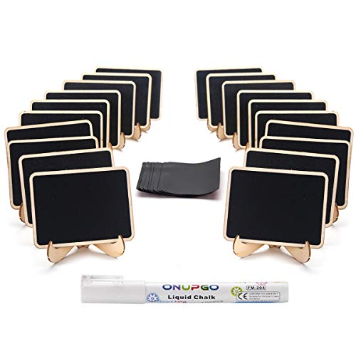 20 Pack Wooden Mini Chalkboard Signs with Easel Stand, 4x3 Inch Small Tabletop Chalkboard for Food Labels, Wedding Place Cards, Party Buffet - Reusable, with Replacement Stickers & Storage Box