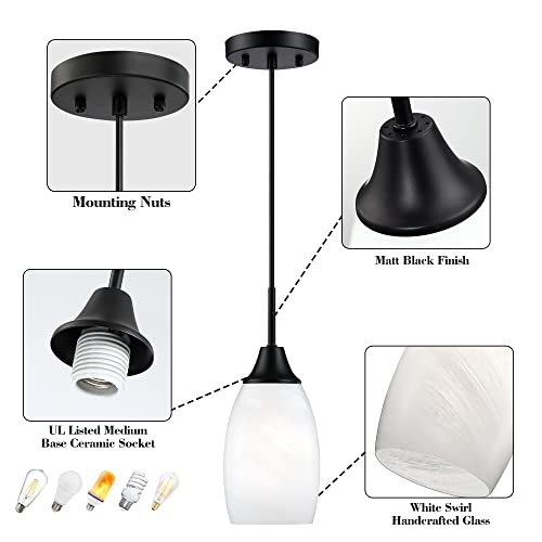 Viinew Mini Glass Pendant Light,With Handblown White Art Glass Shade Adjustable Cord Modern Hanging Pendant Light For Kitchen Island,Dining Room,Living,Foyer, Hallway, Entry, Flat Black Finish 3 Pack #TOP5