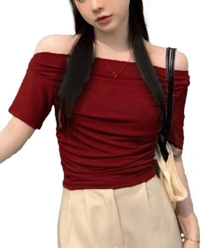 Istyle Can Korean Solid Short Sleeve Asymmetric Collar Pleated Cr...