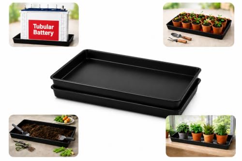 Image of Set of 2 Heavy Duty Plastic Utility Trays for Tubular Battery, Plant Pots, Seedlings & Nursery | Drip Water Collection, Gardening & Soil Mixing | Black Colour (2 Set Tray)