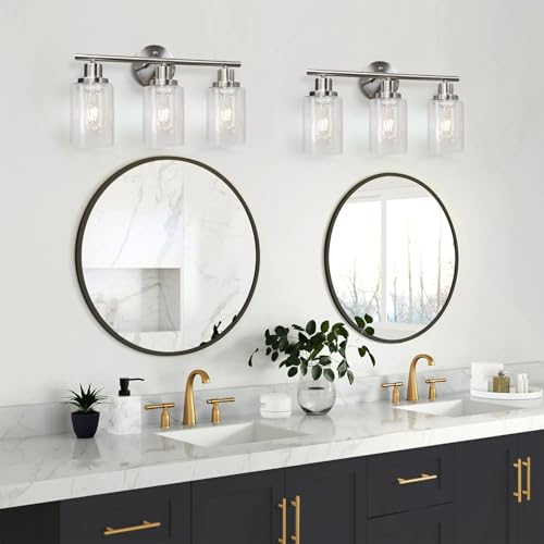 Image of Unicozin 3 Light Vanity Lights, Brushed Nickel Wall Sconce Light with Clear Glass, Bathroom Light Fixtures, Wall Lights for Mirror, Living Room, Bedroom, Hallway, E26 Base (Bulbs Not Included)
