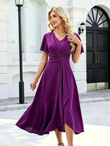Image of QMZ Wedding Guest Dresses for Women V Neck Cocktail Dress Ruffle Sleeve A Line Evening Party Formal Dresses for Women