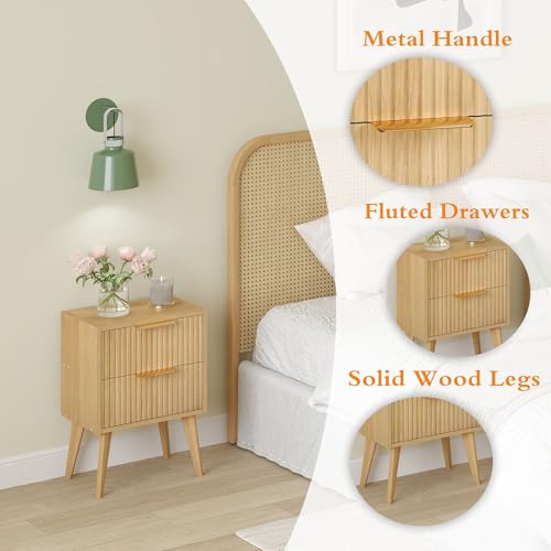 YAUKOMEL Fluted Nightstand,Small Bedside Table,Natural Wood Night Stand,Light Wood Side Table with Solid Wood Legs,End Table for Bedroom,Small Space 11.8" D x 16" W x 22.4" H Natural CTG55Y