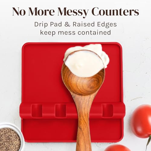 Image of Cooler Kitchen Red Silicone Spoon Rest for Stove Top with Drip Pad (Two Pack) - Heat-Resistant, BPA-Free Utensil Rest & Spoon Holder for Kitchen Counter - Grill Utensil Holder for Spatulas