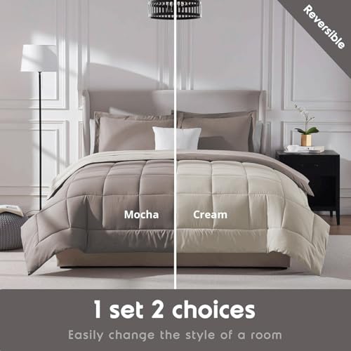 Image of FURBO Microfiber Reversible 200 GSM AC Comforter Set Double Bed with 2 Pillow Covers, Quilt for Double Bed King Size for All Season Comfort (90x100 Inches, Mocha & Cream)