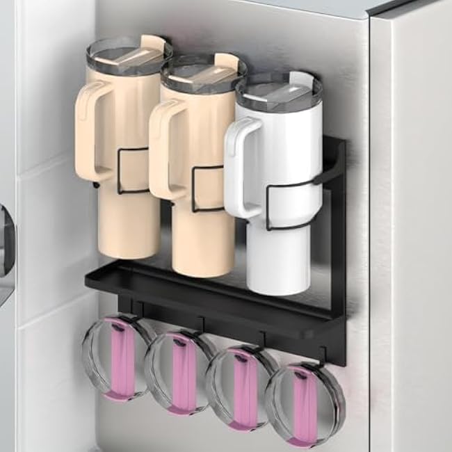 Magnetic Stanley Cup Holder for Refrigerator, Water Bottle Organizer for Stanley 40 oz with Lid Strap Hook, Kitchen Pantry Storage for Stanley Cup Accessories, Fridge Magnetic or Cabinet Adhesive