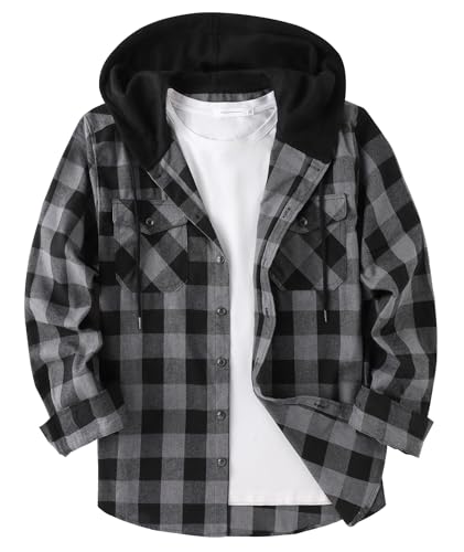 ZITY Men's Flannel Hoodie Shirts Casual Button Down Plaid Shirt Jackets for Men Long Sleeve Stylish Hooded with Pocket Dark Grey X-Large