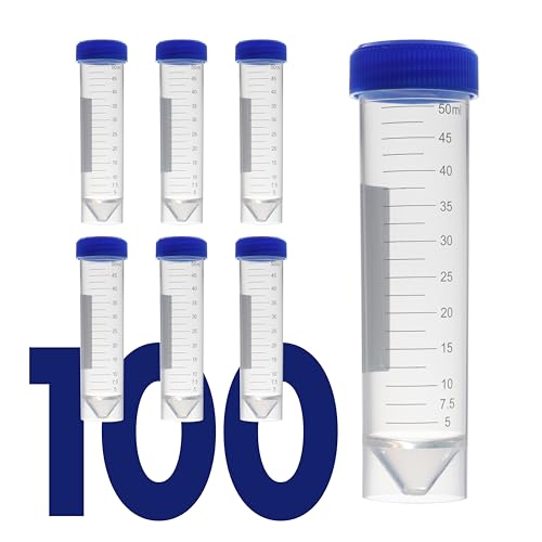 Image of Kashi Scientific 50mL Self Standing Plastic Centrifuge Tubes with Screw Cap Lid, Skirted with Printed Graduation and Write-on Spot [50mL Self-Standing, 100]