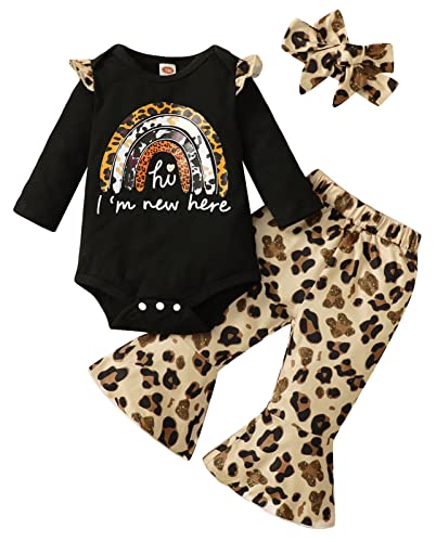 Image of Danna Belle Newborn Baby Girl Rainbow Clothes I'm New Here Romper Flare Pant with Headband 3Pcs Outfits
