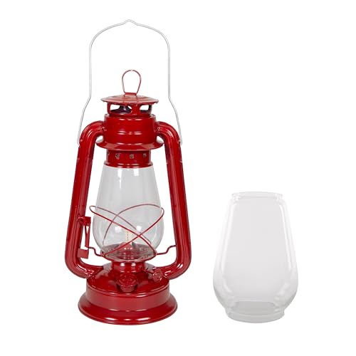 Image of Stansport Hurricane Lantern - Classic Metal Kerosene Oil Lamp with Glass Globe and Adjustable Wick - Portable Emergency Lighting & Decorative Indoor /Outdoor Camping Lantern, Red