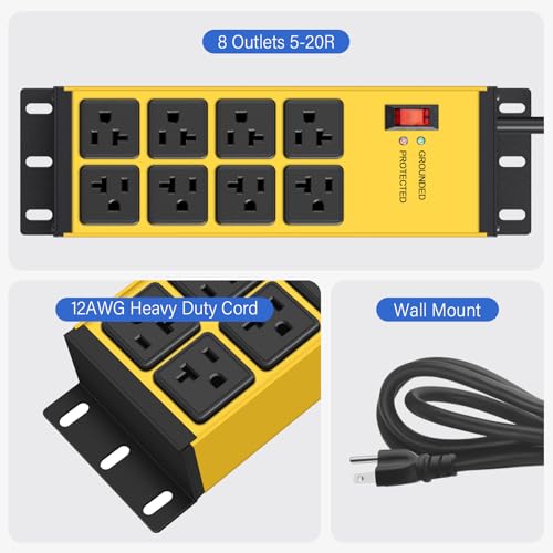 Image of CCCEI 12 Gauge Heavy Duty Power Strip, 8 Ports, Yellow, 20FT.