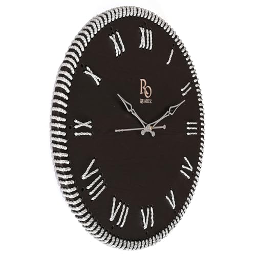 Image of Wooden Round Shape Roman Dial Wall Clock with Golden Zari Rope Detailing and Silver Hands | Silent Quartz Movement Anti Reflection Analog Vintage Clock for Home & Office (Black 15.5 Inch)