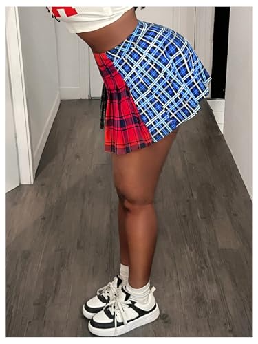 Floerns Women's Plaid Print Skater Skirt High Waisted Pleated Hem Y2k Mini Skirts4