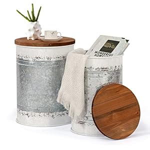 Poofzy Farmhouse End Tables Set of 2 Galvanized Metal Decor Side Table with Wood Lid Coffee Table Storage Stool for Living Room White