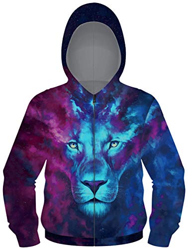 Ocean Plus Boy's Digital Print Hoodie Sweat Jacket with Hood Sweatshirts with Zip (XL (Height: 61-63 inches), Blue Purple Lion)
