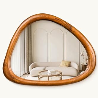 25'' Small Asymmetric Wall HD Mirror for Living Room, Bedroom, Entryway | Handcrafted Wooden Frame with 5mm Glass Mirror | Irregular, Vertical or Horizontal, 25x32 Inches, 2'' Deep