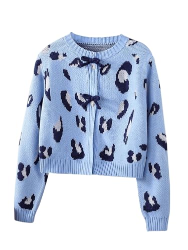 Girl's Cheetah Cardigan Sweater Bow Crop Cardigans Leopard Print Sweaters Long Sleeve Crew Neck Button Front Knit Top