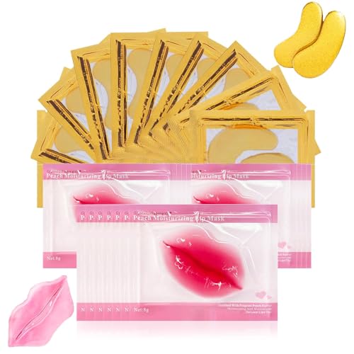 30 Pairs Lip Masks & Eye Masks, 24K Gold Gel Crystal Collagen Eye Pads, Moisturizing Lip Mask Crystal Lip Pads, Under Eye Patches for Puffy Eyes, Dark Circles, Eye Bags, Wrinkles and Fine Lines