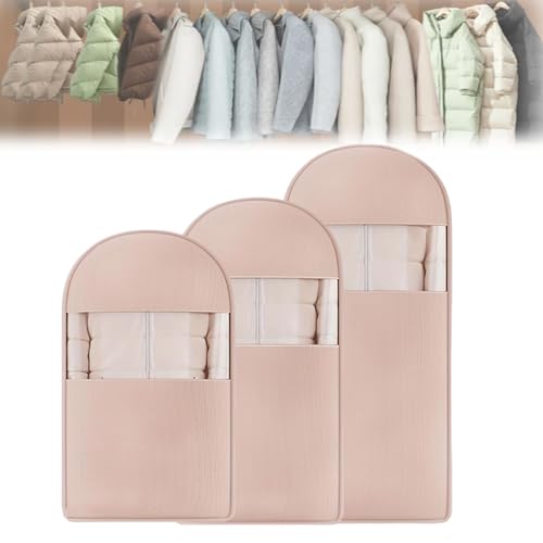 Space Saving Hanging Garment Bag with Self Compression Zipper, Space Saving Hanging Garment Bags, Down Coat Compression Dust Cover (Light Pink*1Set,L)