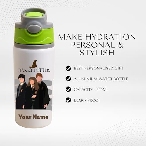 Image of Custom Name Kids Water Bottle 600ml Aluminium | Cartoon Design | Personalised School Bottle | Leakproof Flip Lid | Gift for Son, Daughter|Customise Gift