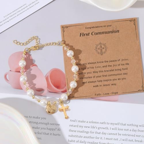 Initial A-Z Letter First Communion Gifts for Girls,Rosary Pearl Cross Bracelet for Christian Catholic Goddaughter3
