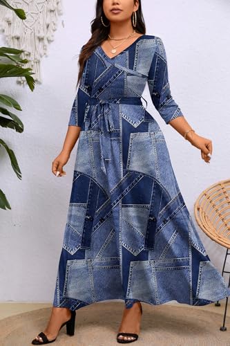 Image of Runwind Plus Size Dress for Women - 3 /4 Sleeve V Neck Maxi Dresses for Women (XL-6XL)