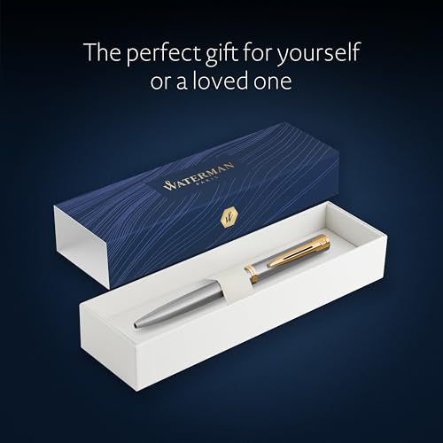 Image of Waterman Impression Ballpoint Pen, Medium Tip with Blue Ink Refill, Stainless Steel with Gold-Plated Trim, Gift Box